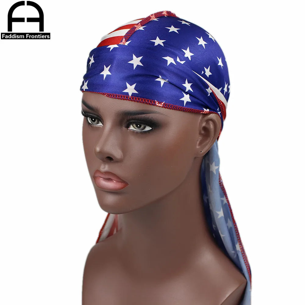 Patchwork Flag Men Silk Durag Headwrap Bandanas For Men Stars Printing Silky Durag Wave Cap Durag