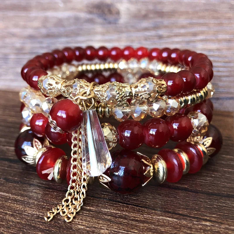 Bohemian 4pcs Crystal Multi-layer Beaded Bracelet for Women Sweet Girls Colorful Round Shape Jewelry Friendship Wholesale Gifts