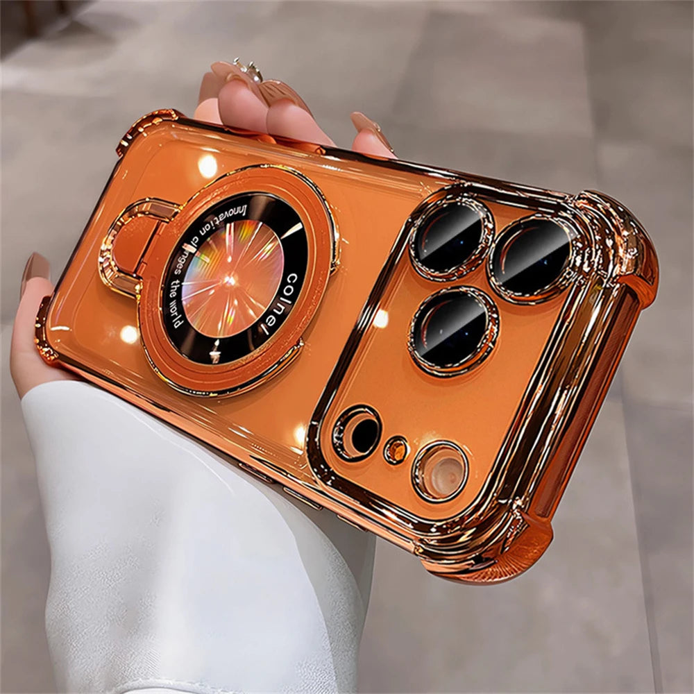 For Magsafe Bracket Clear Plating Phone Cases For iPhone 17 16 15 14 13 12 Pro Max Plus Air Magnetic Ring Stand Holder Cover