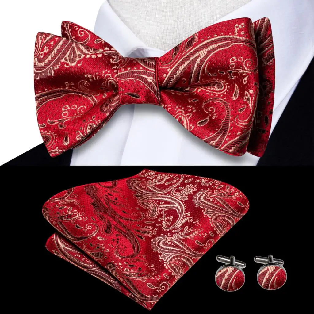 Hi-Tie Silk Mens Self Bow Tie Pocket Square Cufflink Set Butterfly Knot Jacquard Floral Paisley Bowtie for Male Wedding Business