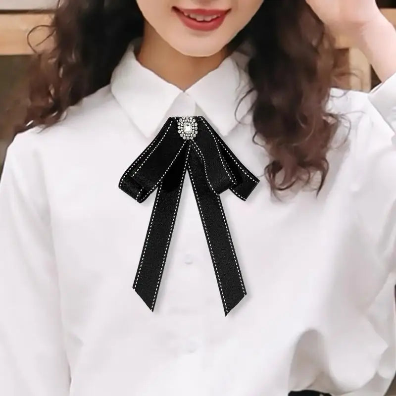 Black Ribbon Fabric Bow Brooch Tie Blouse Sweater Neckline Accessories Decoration