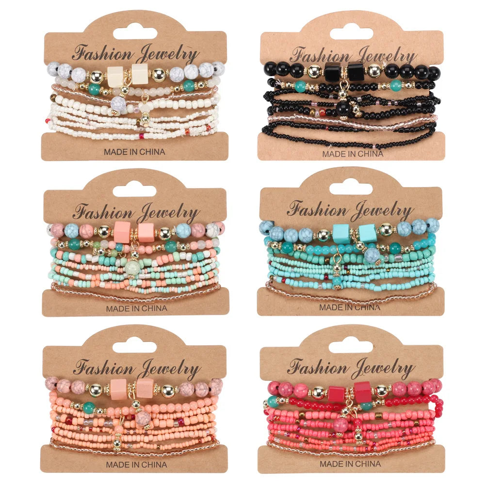 Bohemian Handmade Beads Bracelet Set For Women Summer Colorful Beaded Chain Bangle Men Boho Jewelry Accessories