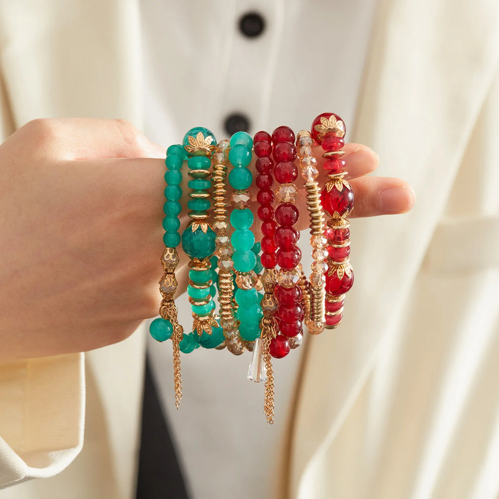 Bohemian 4pcs Crystal Multi-layer Beaded Bracelet for Women Sweet Girls Colorful Round Shape Jewelry Friendship Wholesale Gifts